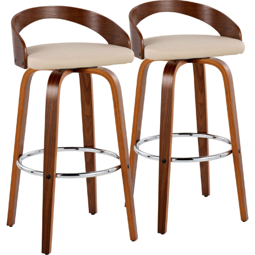 Grotto 30" Swivel Bar Stool in Walnut Wood & Cream Leatherette with Chrome Footrest (Set of 2)